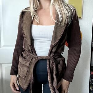 Vintage 70s Sweater Bee by Banff Brown Cowhide Leather Acrylic Rib Sweater Sz S